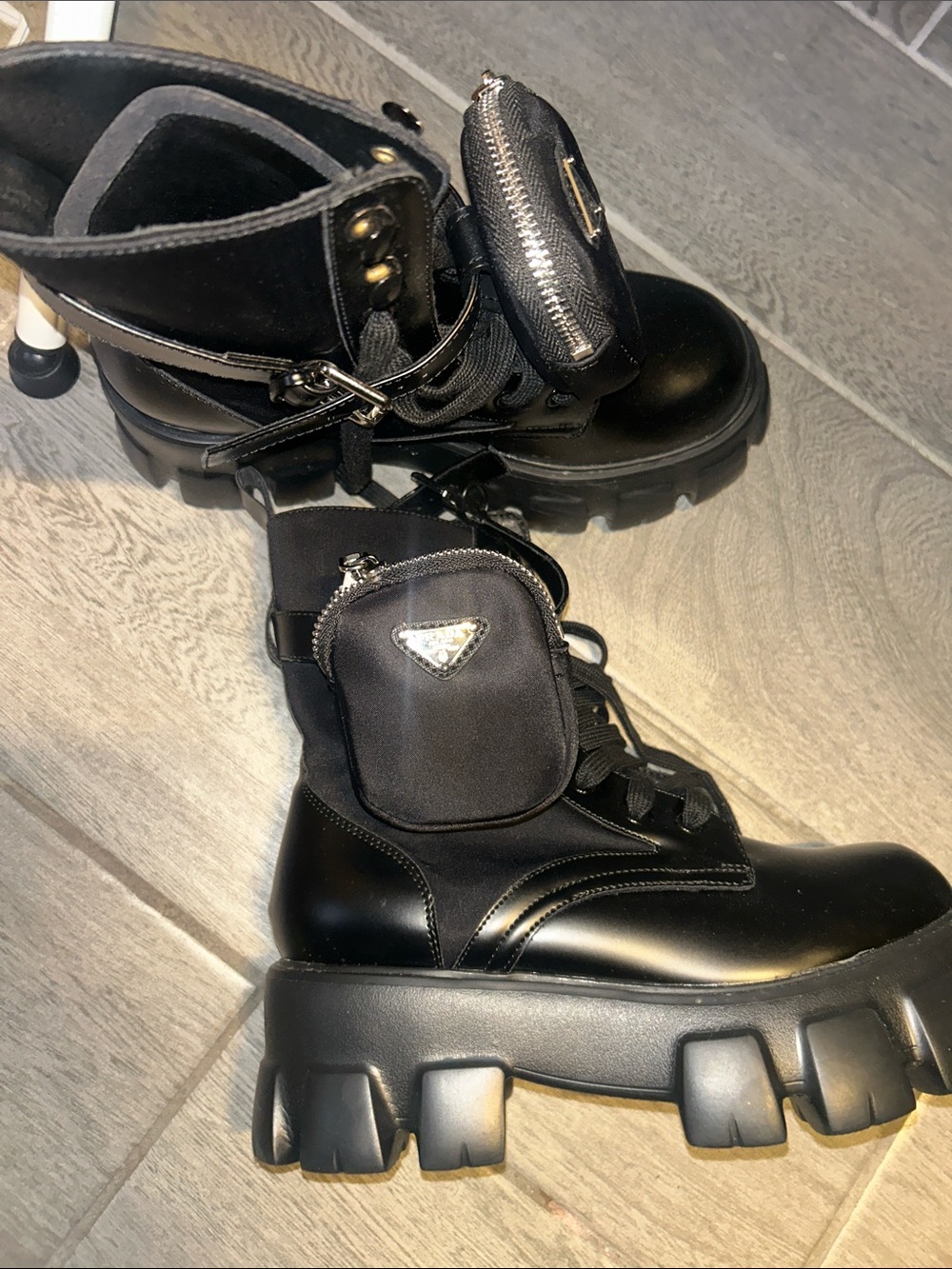 Replic* Prada Black Leather & Nylon Chunky Combat Boots with Detachable Pouch